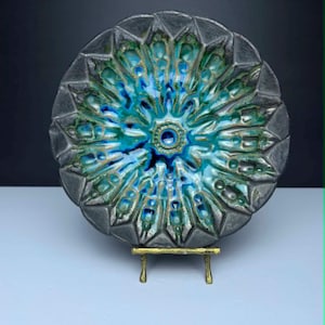 Vintage Signed Studio Pottery Decorative Art Plate Turquoise Cobalt Blue Stoneware
