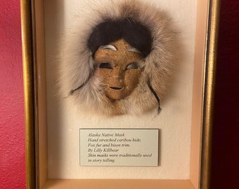 Alaska Native Mask – Hand-Stretched Caribou Hide with Fox Fur & Bison Trim by Lilly Killbear