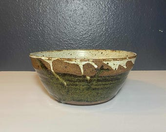Vintage Studio Pottery Bowl – 1974 Stoneware Vessel with Earthy Green and Brown Glaze