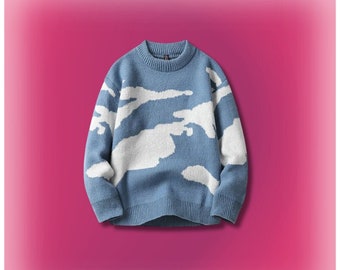 Baggy Knitted Cloud Pattern Sweater, Oversized Knittwear, Unisex Streetwear Sweater, Sky Pattern Sweater, Harajuku Sweater, Casual Sweater