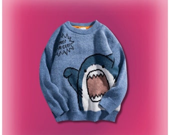 Pull ample en maille à imprimé requin dessin animé, pull à col roulé, pull à col rond, pull à capuche, pull harajuku, pull streetwear