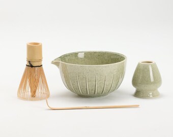 Green Vertical Pattetn Ceramic Matcha Kits with Bamboo Whisk and Chasen Holder Tea Ceremony Set 500ml