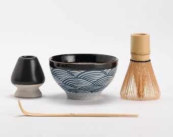 Sea Wave Ceramic Matcha Set Natural Bamboo Matcha whisk Matcha Bowl Whisk Holder Tea Set