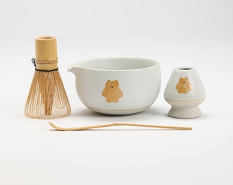 Handbemalte Braunbär Keramik Matcha Kits Bambus Schneebesen und Chasen Halter Teezeremonie Set