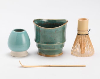 Green Ceramic Matcha Kits Gold Ingot Matcha Bowl with Bamboo Whisk and Chasen Holder