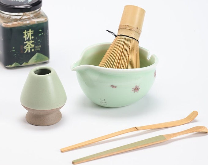 Hand-painted Sakura Ceramic Matcha Bowl with Bamboo Whisk and Chasen Holder Tea Ceremony Set