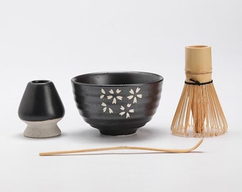 4pcs/ Set Ceramic Matcha Kits Ceramic Matcha Bowl with Bamboo Whisk Tea Ceremony Set