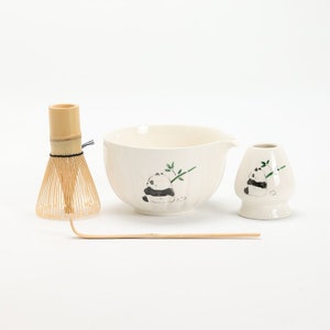 Hand-painted Panda Ceramic Matcha Bowl with Spout Matcha Ceremony Set