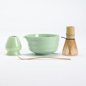 Ceramic Chawan with Spout Bamboo Whisk and Chasen Holder Tea Ceremony Set C