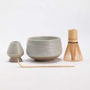 Round Ceramic Matcha Bowl with Bamboo Whisk and Holders Tea Ceremony Matcha Set B