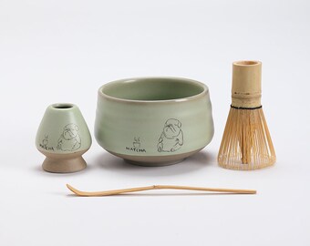 Hand-painted Lazy Dog Ceramic Matcha Bowl with Bamboo Whisk and Chasen Holder