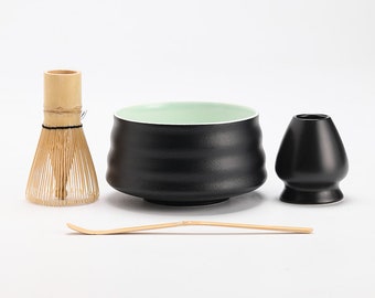 Ceramic Matcha Bowl with Bamboo Whisk, Bamboo Whisk and Chasen Holder Tea Ceremony Set