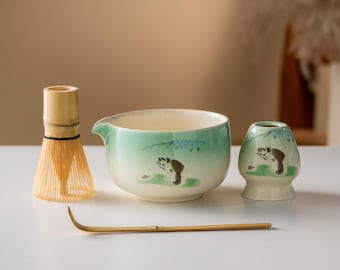 Ciotola per Matcha verde a forma di gatto con frusta in bambù e supporto per Chasen, set di frusta per Matcha da 450 ml
