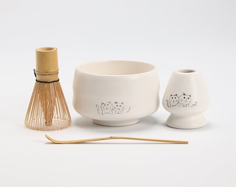 Hand-painted Cat White Matcha Bowl with Bamboo Whisk and Chasen Holder Tea Ceremony Set