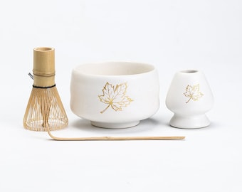 White Ceramic Matcha Set with Bamboo Whisk and Chasen Holder Maple Leaf Matcha Tea Ceremony