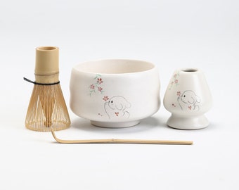 Hand-painted Bunny Ceramic Matcha Bowl with Bamboo Whisk and Chasen Holder Tea Ceremony Set