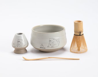 Cute Cat Ceramic Chawan with Bamboo Whisk and Chasen Holder Matcha Tea Kits