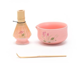 Hand-painted Lotus Ceramic Matcha Bowl with Spout Bamboo Whisk and Chasen Holder Pink Traditional Japanese Tea Ceremony Set