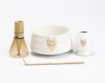 Wolf-Muster Keramik Matcha Set mit Bambus Schneebesen und Chasen Halter Teezeremonie Set