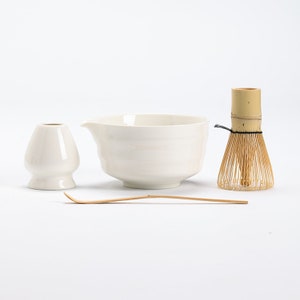 Ceramic Chawan with Spout Bamboo Whisk and Chasen Holder Tea Ceremony Set D