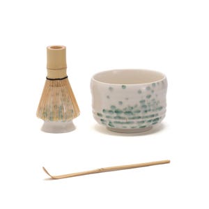 Hand-painted Lotus Leaf Ceramic Matcha Set with Bamboo Whisk and Chasen Holder White Matcha Japanese Matcha Tea Set