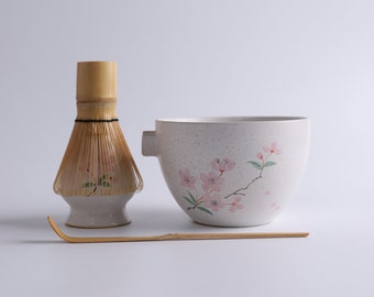 Handpainted Sakura Ceramic Matcha Bowl with Bamboo Whisk, Sakura Matcha Kits Matcha Tea Ceremony Set