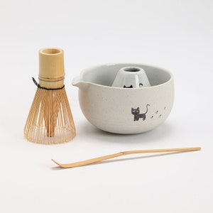 Hand-painted Black Cat Ceramic Matcha Bowl with Bamboo Whisk and Chasen Holder image 2