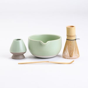 Ceramic Chawan Bowl with Spout Matcha Whisk and Chasen Holder Tea Ceremony Set Style D