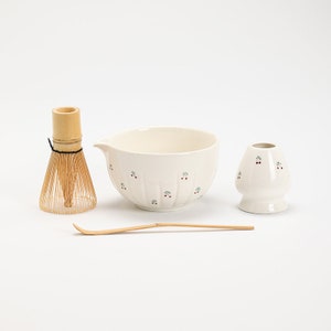 Hand-painted Strawberry Ceramic Matcha Bowl with Spout Bamboo Whisk and Chasen Holder