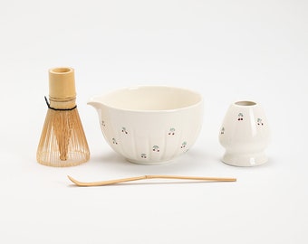 Hand-painted Strawberry Ceramic Matcha Bowl with Spout Bamboo Whisk and Chasen Holder