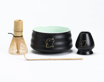 Black Crockery Cute Dog Ceramic Matcha Set with Bamboo Whisk and Holder