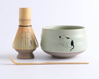 Hand-painted Eating Fish Cat Ceramic Matcha Bowl with Bamboo Whisk and Chase Holder Matcha Tea Set