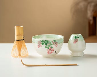 Flower Ceramic Matcha Bowl Set with Bamboo Whisk and Chasen Holder 300ml