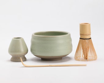 Round Ceramic Matcha Bowl with Bamboo Whisk and Holders Tea Ceremony Matcha Set