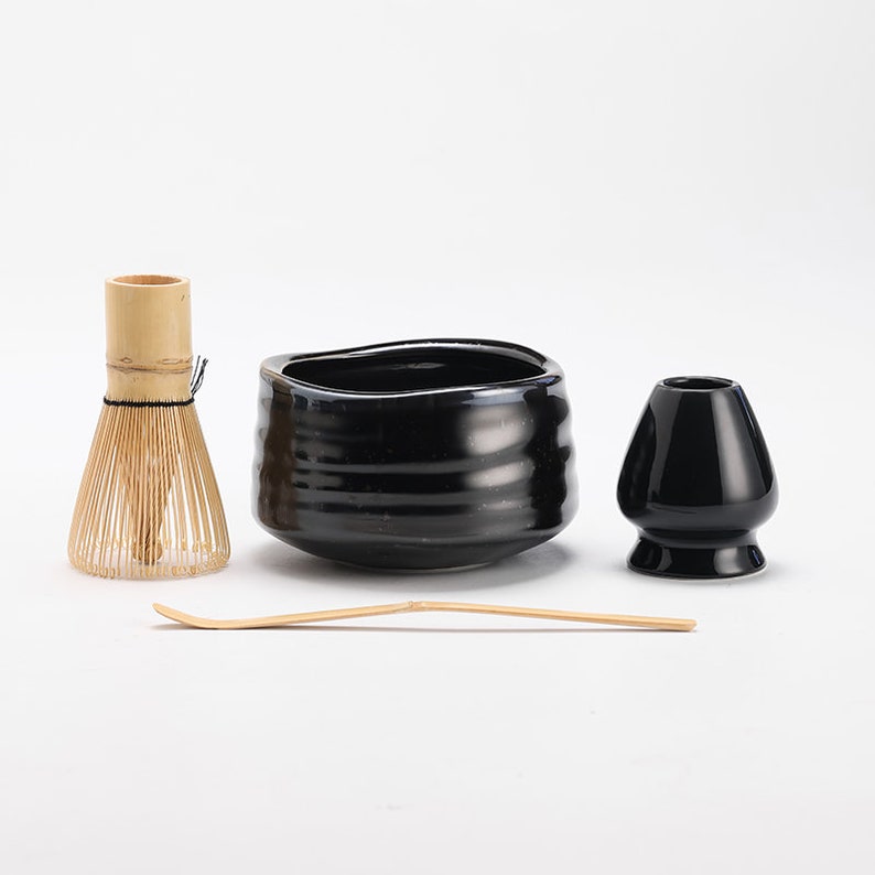 Sea Wave Ceramic Matcha Bowl with Bamboo Whisk and Chasen Holders D