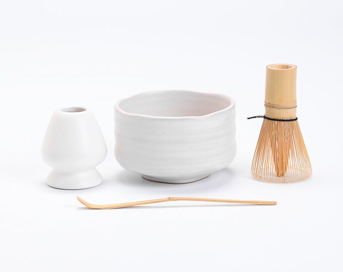 Pure White Ceramic Chawan Bowl with Bamboo Whisk and Chasen Holder Matcha Tea Ceremony Set