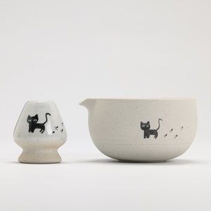 Hand-painted Black Cat Ceramic Matcha Bowl with Bamboo Whisk and Chasen Holder image 5