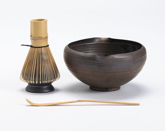 Bronze Ceramic Matcha Bowl with Spout Bamboo Whisk and Chasen Holder