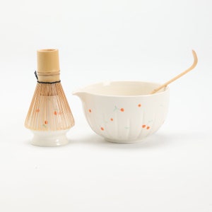 Hand-painted Cherry Ceramic Matcha Bowl with Spout Bamboo Whisk and Chasen Holder Matcha Tea Ceremony Set image 3