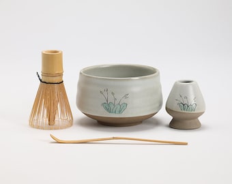 Hand-painted Flower Ceramic Chawan with Bamboo Whisk and Chasen Holder