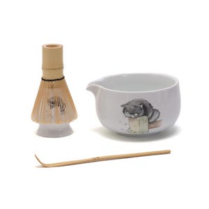 Hand-painted Lazy Cat Ceramic Chawan Bowl with Spout Matcha Whisk and Chasen Holder Premium Matcha Tea Set