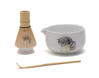 Ciotola Chawan in ceramica dipinta a mano con beccuccio, frusta Matcha e supporto Chasen, set da tè Matcha di alta qualità