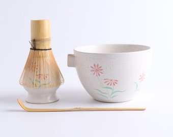 Hand-painted Daisy Flower Ceramic Matcha Bowl with Spout Matcha Tea Ceremony Set Matcha Tea Set