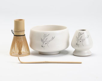 Hand-painted Sika Deer Ceramic Matcha Bowl with Bamboo Whisk and Chasen Holder Matcha Tea Ceremony Set