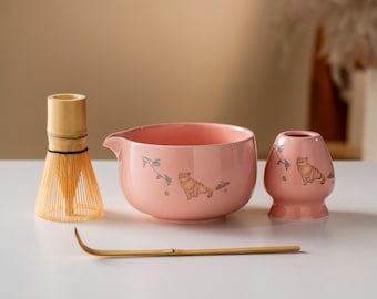 Söt katt Keramik Matcha Skålset Rosa Porslin Matcha Kit 450ml