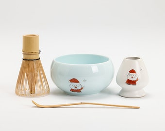 Hand-painted Santa Claus Ceramic Matcha Kits Bamboo Whisk and Chasen Holder Matcha Ceremony Set