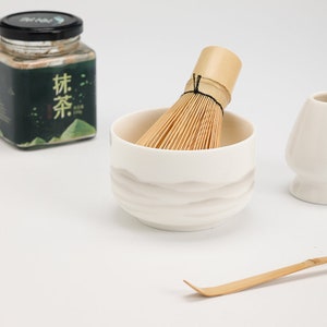 Frosted Mountain Ceramic Chawan with Bamboo Whisk and Chasen Holder Tea Ceremony Set image 5