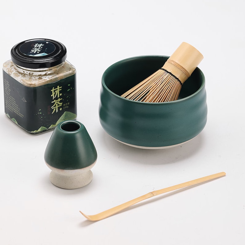 Round Ceramic Matcha Bowl with Bamboo Whisk and Holders Tea Ceremony Matcha Set image 4