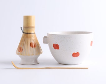 Hand-painted Apple Ceramic Matcha Bowl with Spout Bamboo Whisk and Chasen Holder Matcha Tea Ceremony Set