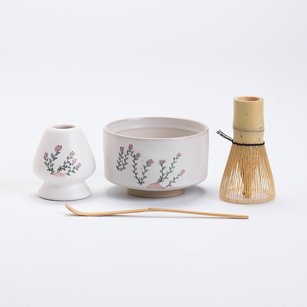 Hand-painted Rose Ceramic Matcha Bowl with Bamboo Whisk and Chasen Holder